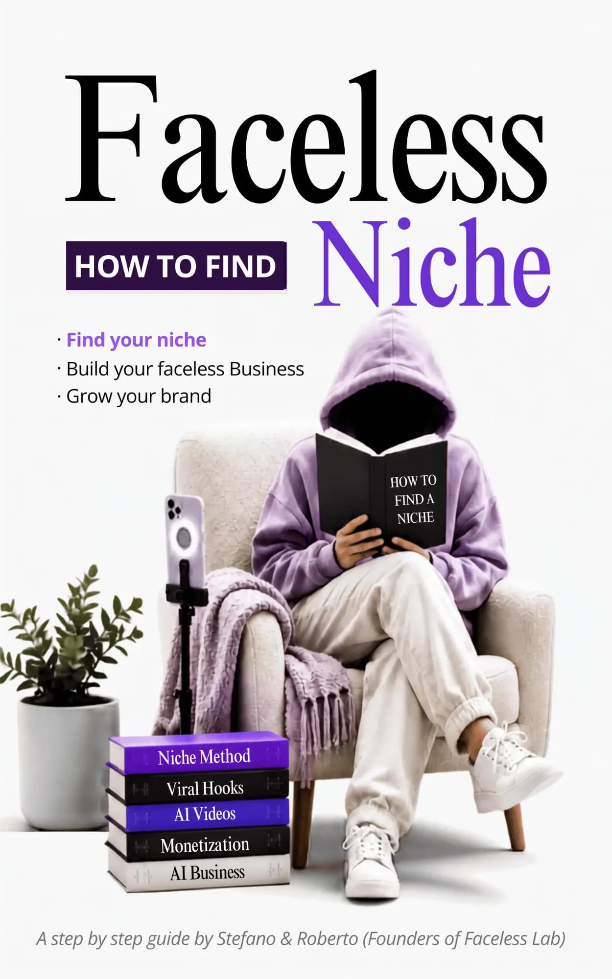 Cover of the guide: How to find your Faceless Niche, a step by step guide by Stefano and Roberto, founders of Faceless Lab